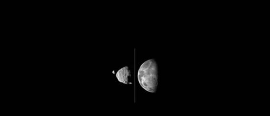 这是一张示意图，其给读者一个直观的印象，即相比从地球上看到的月亮，从火星上看到的两颗火卫的大小将是多大？尽管两颗火星卫星都很小，但是由于其距离火星也很近，因此在