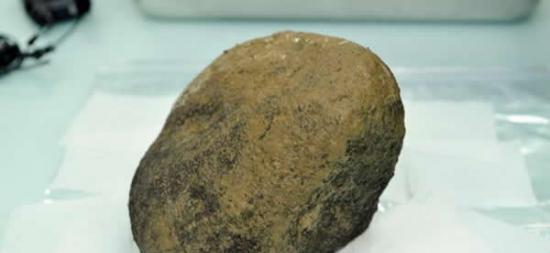 自从当地一位温室农夫发现一块9公斤重的陨石之后，便在温室设置禁止入内的标识。图中是这块9公斤重的陨石。