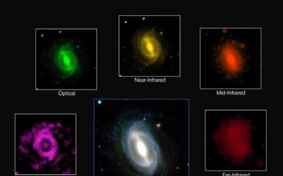 这张图像展示了在GAMA项目中一个典型星系在不同波段下的观测景象。这项最新研究成果确认，宇宙中星系产生的能量仅相当于它们在大约20亿年前产量的一半左右，并且这种