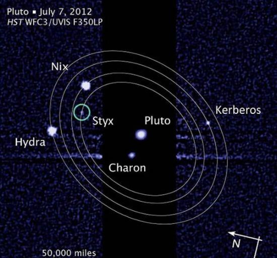 是2012年由哈勃空间望远镜拍摄的冥王星系统图像，可以看到冥王星和它目前已知的5颗卫星。其中冥卫五(Styx)是最新发现的一颗。新视野号此行的主要目标是冥王星和
