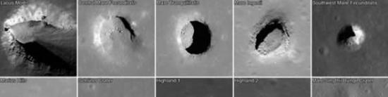 美国宇航局的月球勘测轨道器飞船拍摄的这些图片，显示了所有目前已知的月海孔穴和高原洞穴。每张图片宽222米，也就是说这些孔穴的大小也许足以容纳人类庇护所。