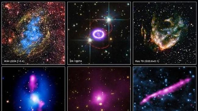 NASA公布了钱德拉X射线天文台16年来拍摄的一系列图片，包括MS 0735.6+7421星系团的新合成图片(第二行图片)。此外还有一系列超新星爆发的图像(第一
