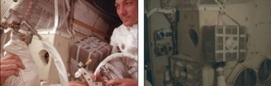 “阿波罗13号”经历了一些接近致命的故障问题，图左，宇航员杰克-斯威格特仍十分冷静，面带微笑帮助詹姆斯-洛弗尔处理氧气管问题；图右，宇航员制作的二氧化碳“洗涤器