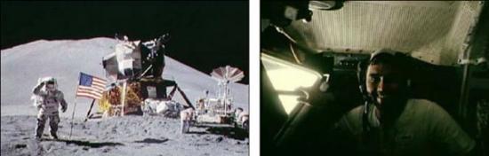 左图中是“阿波罗15号”宇航员登月插上美国国旗；右图是宇航员哈里森-施密特，他是阿波罗月球探索时代最后一位登月宇航员。
