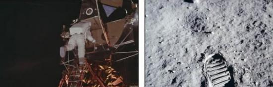 登月第二人：阿尔德林是继尼尔-阿姆斯特朗之后第二位登月宇航员，图右是他拍摄在月球上自己留下的脚印。