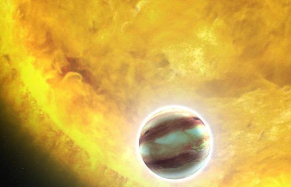 英国肯特大学物理科学分校迈克尔-史密斯教授指出，如果在地球和月球之间排列太阳系内所有行星，不久它们将演变形成一颗超级行星。如图所示，这是艺术家描绘的一颗环绕恒星