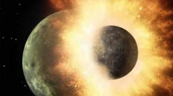 描述行星相互撞击的想象图。三年前，美国航空航天局的斯皮策太空望远镜探测到了这场撞击产生的碎片，让人联想起月球诞生时地球可能受到的撞击。