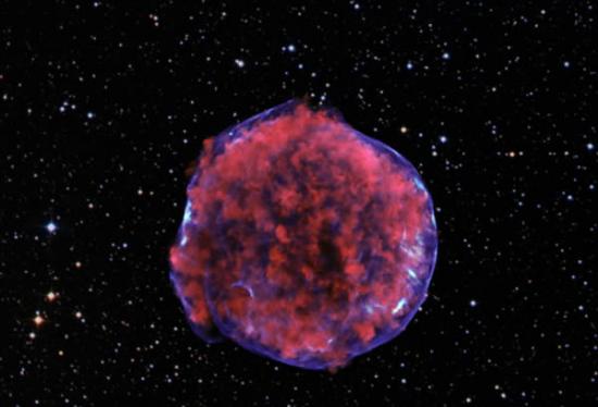 钱德拉X射线天文台拍摄的第谷超新星残余物。图片中低能量的X射线（红色）显示了超新星爆炸里日益扩张的残骸，而高能量X射线（蓝色）则显示了爆炸波，一种极度高能量电子
