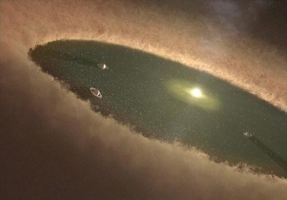 恒星周围的尘埃圆盘距离它55亿至82亿公里，位置大约与太阳系中的柯伊伯带相同。（艺术想象图）