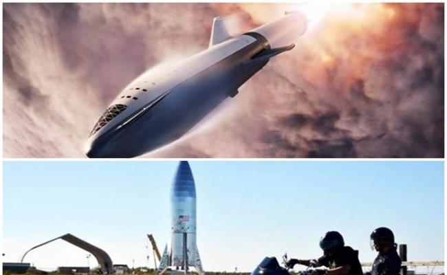 （上图）研发中的星舰火箭将是有史以来最大型的太空火箭。（下图）SpaceX在德州基地竖立的星舰火箭外壳被强风吹倒。（互联网／美联社图片）