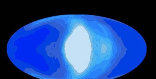 这是计算机模拟下，一颗处于潮汐锁定状态的系外行星大气中云层的聚集情况(白色部分为云层)