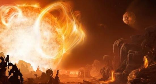 这张夸张的图片形象揭示了极短公转周期行星的表面环境，四处流淌着熔岩，它们的太阳如同会喷火的“怪物”