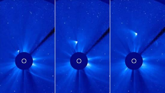 这张拼接图片显示“世纪彗星”ISON在经过太阳后剩余部分继续沿着它的轨道飞行。