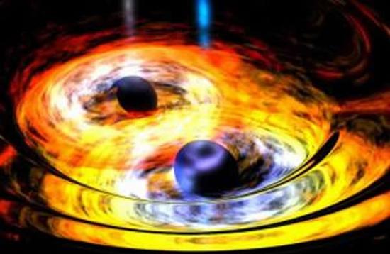 两个上演宇宙舞曲的黑洞之间捕获到波浪起伏的太空涟漪