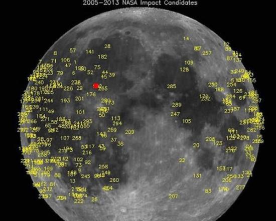 美国宇航局月球监控项目已捕捉到数百起流星体撞击月球事件。3月17日被一部望远镜捕捉到的这次撞击最亮。图中的红色正方形就是最近这次撞击事件的位置。