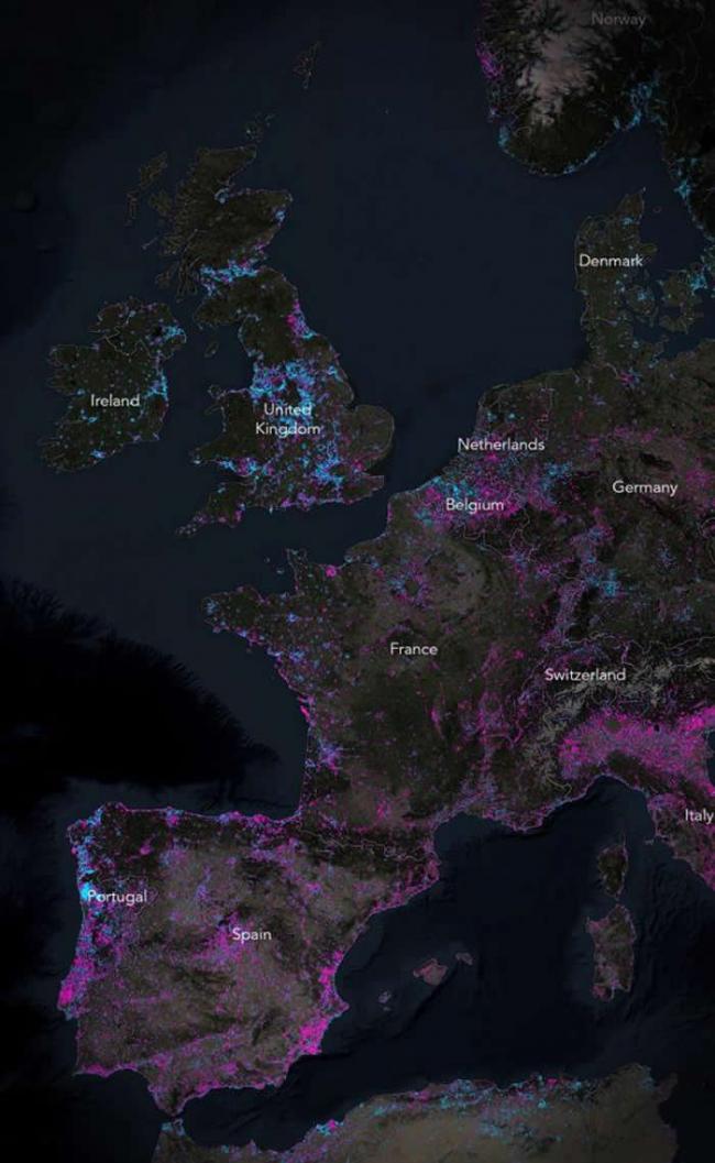 2012至2016年间，欧洲的夜间照明减少的程度让人讶异。 MAP BY JOHN NELSON