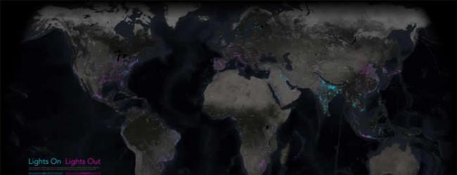 这张地图采用NASA的索米国家极地轨道伙伴卫星（Suomi-NPP satellite）资料，显示2012年至2016年间地球夜晚变亮（蓝色）与变暗（粉红色）的