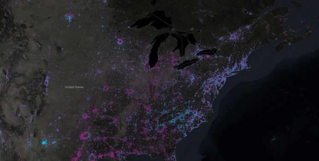 2012至2016年间，美国东岸的夜间照明增减不一。 MAP BY JOHN NELSON