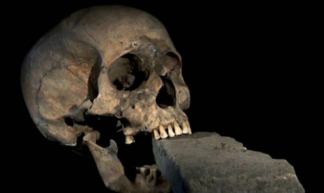 这颗十六世纪的威尼斯头骨，口中衔着一块砖头。这块砖头或许是用来防止死人爬出坟墓吃人。 PHOTOGRAPH COURTESY NATIONAL GEOGRAPH