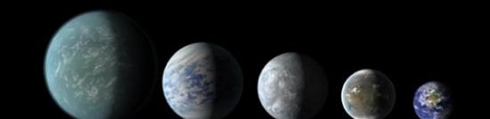 “新地球”体积比照图：从左到右依次为开普勒22-b、69-c、62-e、62-f、地球。