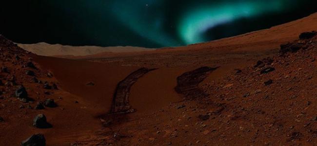 图为艺术家所绘火星上由磁场异常引起的极光的概念图。如果亮度够强的话，甚至在没有磁场的地区，夜空也会被极光照亮