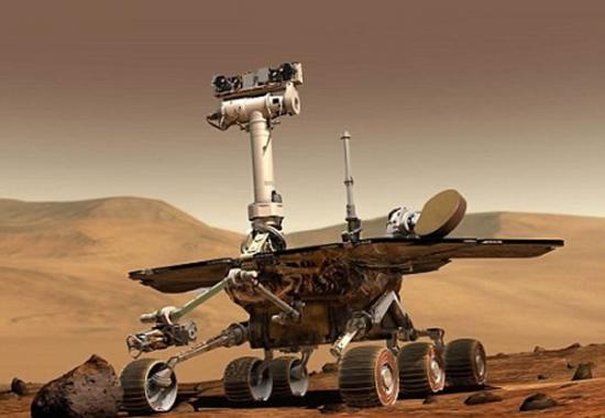 利用“机遇”号所拍照片拼接而成的全景图，展示了壮观的火星地貌。3月24日，这辆长寿的火星车行进了153英尺（约合46.5米），总行进距离达到约42.195公里，