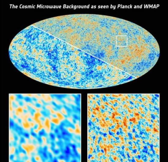 左为此前绘制的宇宙微波背景辐射地图，在细节方面显然无法与最近利用普朗克远镜所获数据绘制的地图（右）相提并论