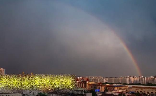北京部分地区大雨过后出现同心双彩虹景观