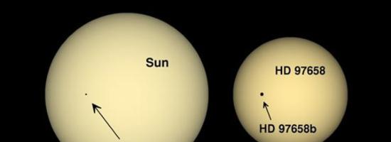 HD 97658b行星凌日时的情景，科学家对比了地球与HD 97658恒星系统的整体情况