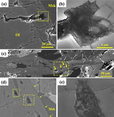 图2. Tissint火星陨石中的有机碳颗粒，充填于微裂隙（a-b）或包裹在冲击熔脉中（c-e）