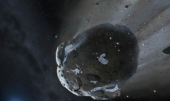 艺术家印象图显示了多岩石、富含水的小行星被白矮星GD61强大的引力撕裂。小行星的残余物被发现在距离地球1.5亿光年远的地方。