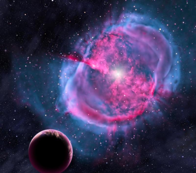一位艺术家的构想图显示，一个地球一样的行星环绕一颗形成行星状星云的恒星轨道运行。在诞生初期，这个行星可能类似于最近发现的Kepler-438b。