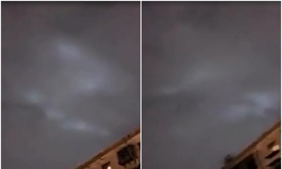 夜空出现的白色异物一时化成单一条“龙”飞舞（左图），一时分开变成两条“龙”盘旋（右图）。