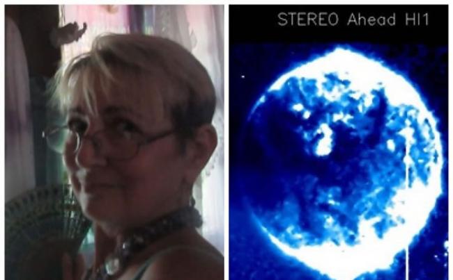 女网民约翰逊（左）称发现了美国卫星STEREO拍到巨球飞过太阳（右）。