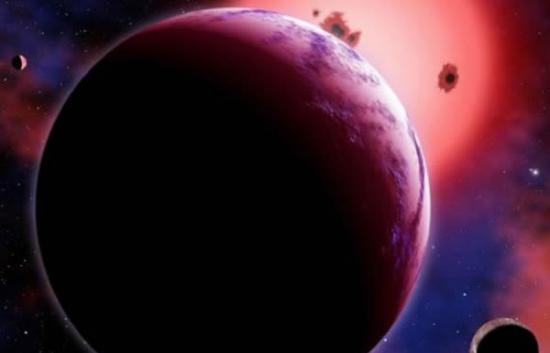 艺术家的构想图展示了外行星GJ 1214b和两颗假设卫星的运行情况。这个超级地球环绕一个距地球40光年远的恒星运行。它约是地球直径的2.6倍，其重量几乎是地球的
