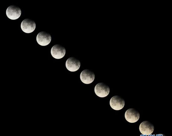 4月26日在天津拍摄的月偏食到复圆的天文景观（拼版） 。