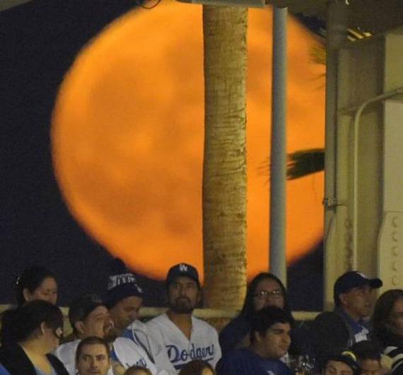 2014年7月12日，美国洛杉矶球迷观看棒球比赛期间，球迷背后升起超级月亮。