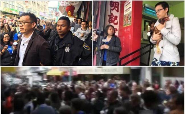 群众包围家禽店“救鸡”（下图），熊伟恒及后被警方拘捕（左图）。