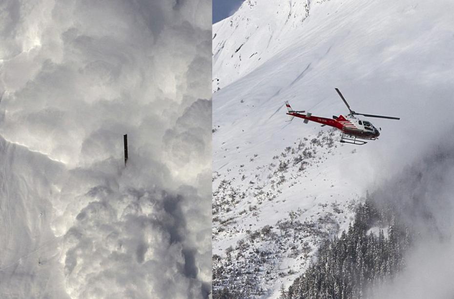 科学家们利用地震传感器记录可能引发雪崩的地面震动情况，右图是一架直升机正监测现场。