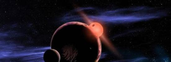 艺术家所描绘的拥有两颗卫星的宜居星球围绕着红矮星轨道运行