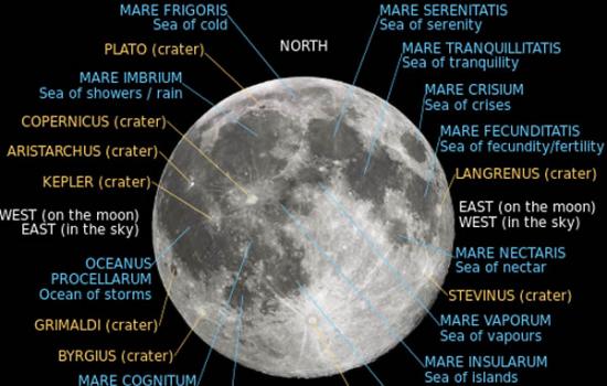 从地球上可以看见的较大月海的名称。提供：Peter Freiman & Background photograph by Gregory H. Reve