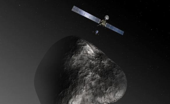 这是一张艺术示意图，展示的是罗塞塔飞船正围绕67P/楚留莫夫-格拉希门克彗星运行。在经过详细成像观察之后，罗塞塔飞船将会释放一颗着陆器登陆彗星