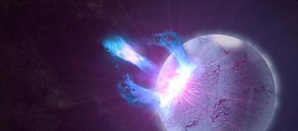 艺术家描绘的中子星星震现象，高度磁化的中子星地壳破裂，引发高能量喷射。