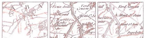 拿破仑在战场上使用的地图(右)，与手绘地图(左)有明显差别。