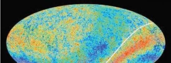 普朗克最新数据绘制的宇宙微波背景辐射地图，可以看到神秘的“邪恶轴心”(白色线)以及诡异的低温区域(白色圈出)，宇宙学家们认为后者可能是另一个宇宙与我们所在宇宙之