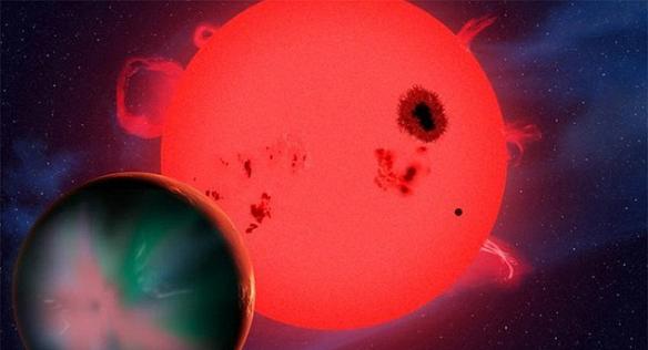 最像地球的两颗行星分别名为开普勒-438b和开普勒442b，二者所环绕的红矮星在体积比太阳小，温度也比太阳低。这是艺术家的想象图。