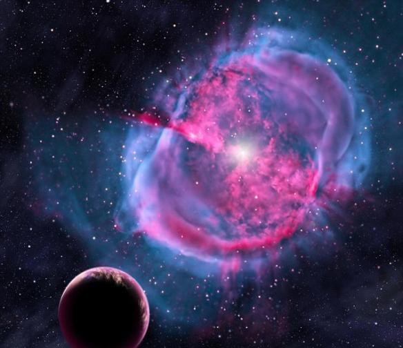 这张艺术想象图描绘了类地行星环绕着已形成行星状星云的恒星运转的情形。这颗行星在形成初期时很可能与新发现的开普勒-438b行星相似。