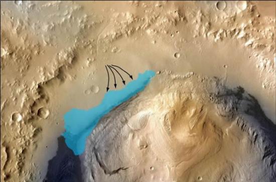 这张示意图展示的是理论上认为古代盖尔陨坑内部曾经存在的一个湖泊的形态