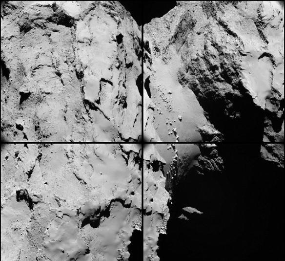 “罗塞塔”号拍摄的4幅照片拼接而成的一幅图像，右上方照片展示了67P彗星的颈部区域“哈比”（Hapi）。哈比区分布着很多岩石。此外，这幅拼接图还揭示了67P彗星