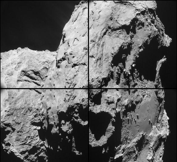 科学家利用欧洲航天局的“罗塞塔”号探测器3月28日拍摄的4幅照片拼接的一幅图像，展示了67P/丘留莫瓦-格拉西梅彗星的惊人地貌，包括两个肉垂状区域。拍照时，“罗
